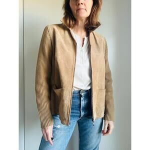 Y2K Vintage Suede Jacket Camel Womens Size Large Knit Sleeves 90s Style Trending
